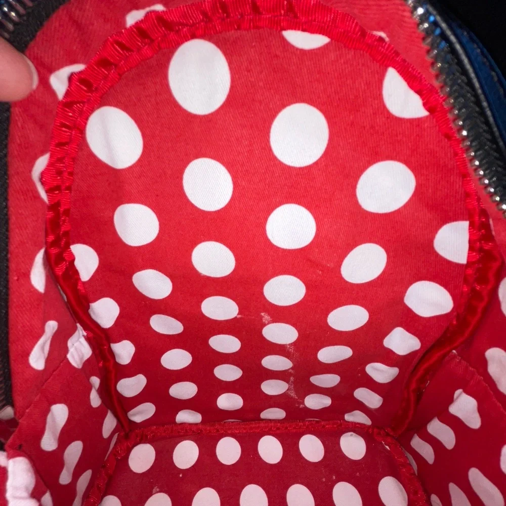 Disney Parks Loungefly Sequin Minnie Mouse Red Black Bow Polka Dots Backpack